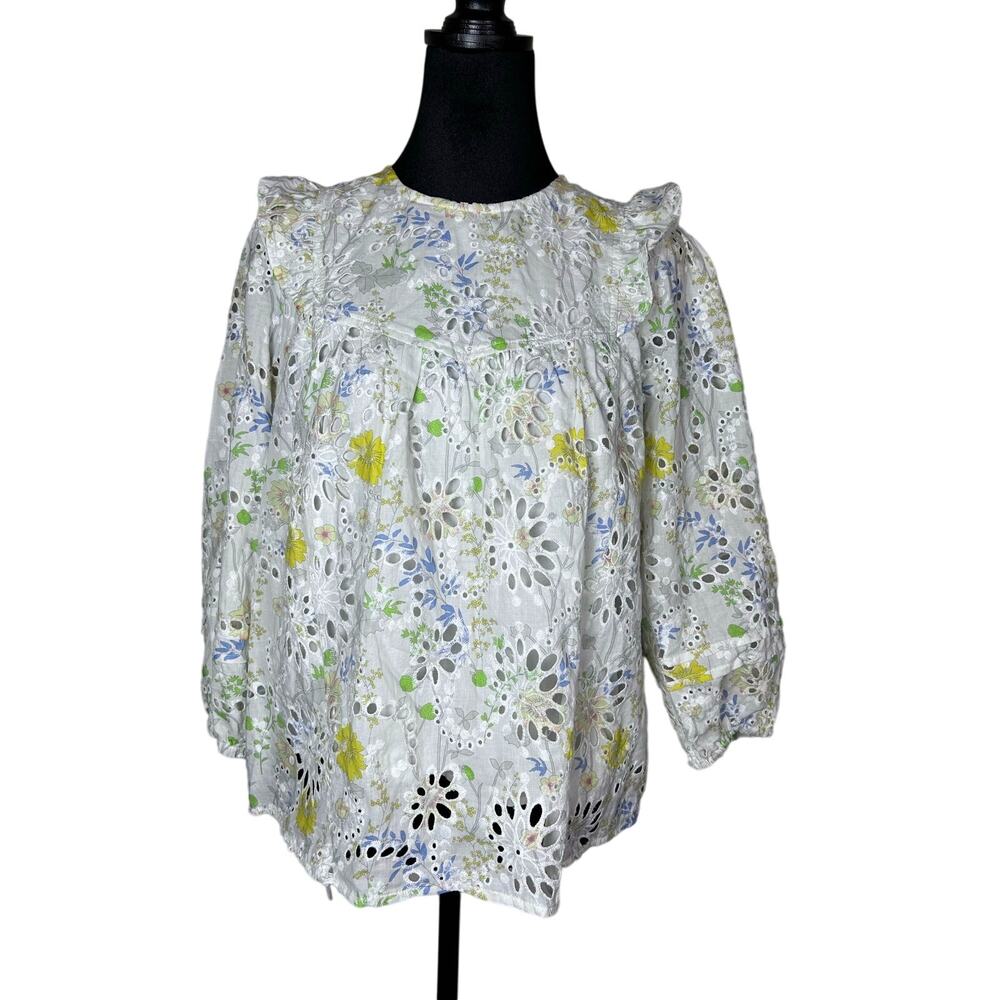 Greylin Piper Eyelet Lace Blouse Size M Ivory Yellow Floral Cotton Long Sleeve